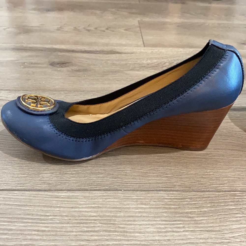 Tory Burch Blue Wedges with Gold Logo